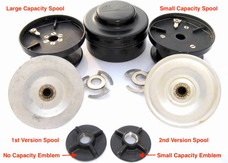 This shows the different spool pawls used in the first 2 Mitchell reel versions. Ted is correct about the Wire Line Clip. Note the slot cut in the spool shell making room for the clip!
